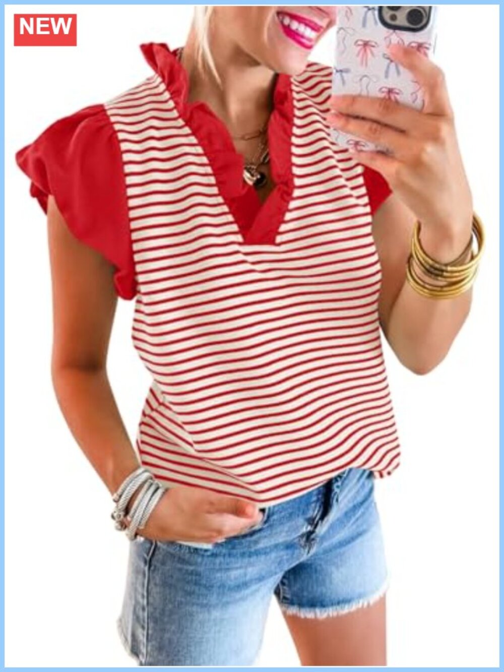 Womens Ruffle Cap Sleeve Tank Top Striped V-Neck Summer Blouse